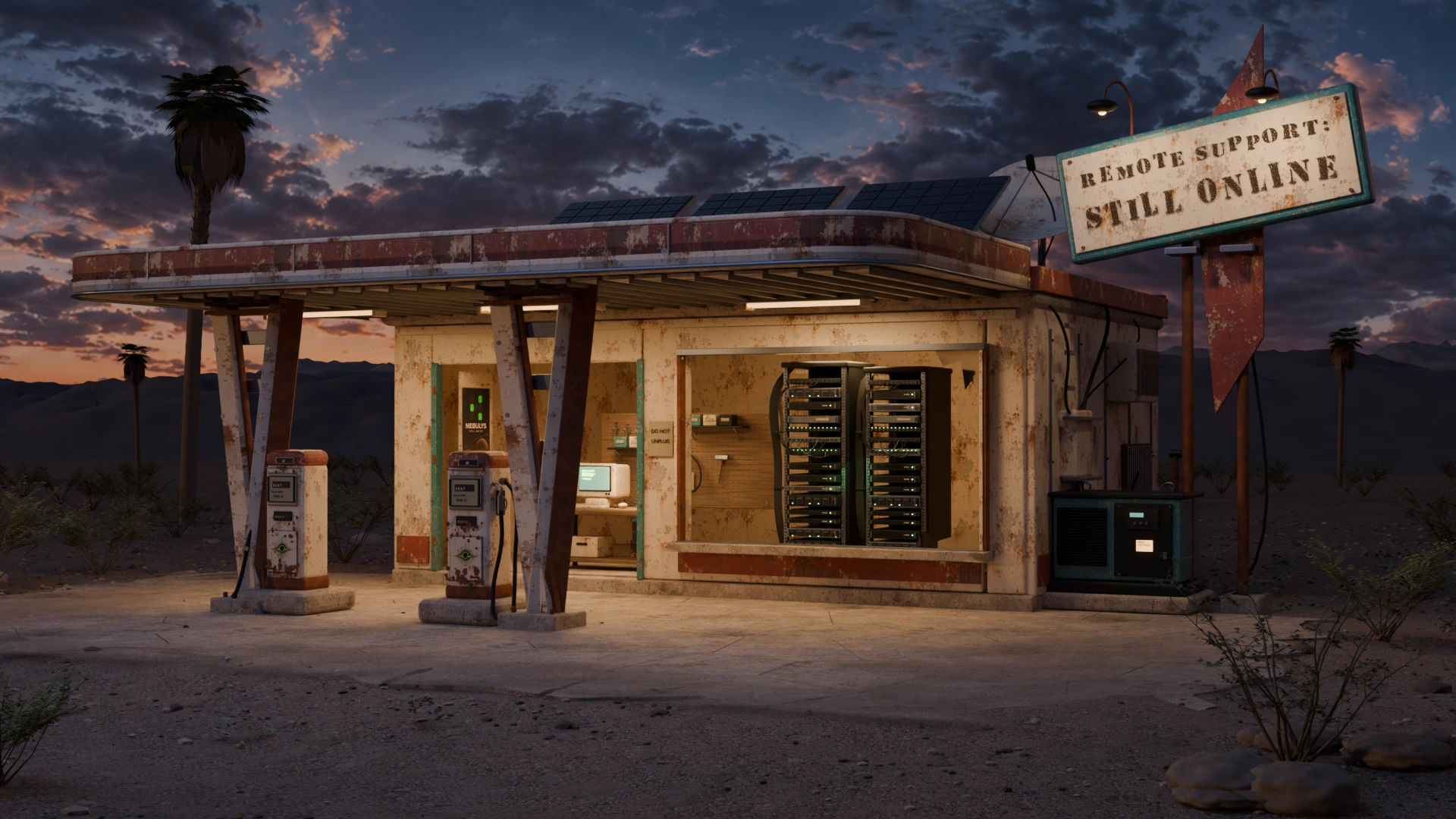 A weathered Mojave service station with glowing server racks, distant untrimmed palms, and a sign reading Remote Support: Still Online.